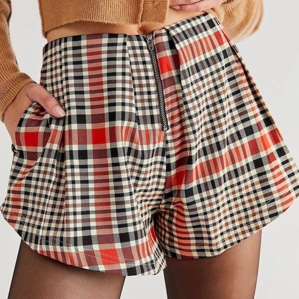 Free People Mayfair Pleated Plaid Shorts Rusty